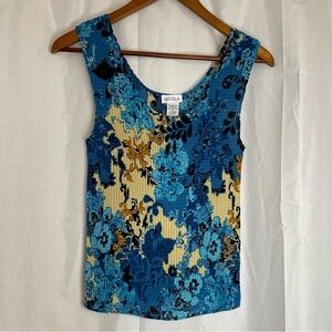 NICOLA Women’s Blue Cream Floral Crinkle Pleated Smocked Sleeveless Tank Medium